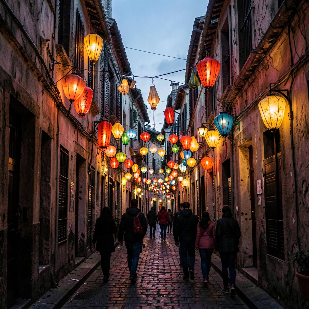 Ruelle d'une vieille ville éclairée de lanternes au crépuscule